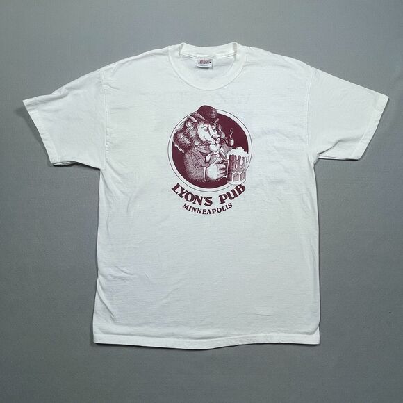 VTG Shirt Men Size Large‎ White Double Side Print LYONS PUB MINNEAPOLIS Y2K - Picture 1 of 9